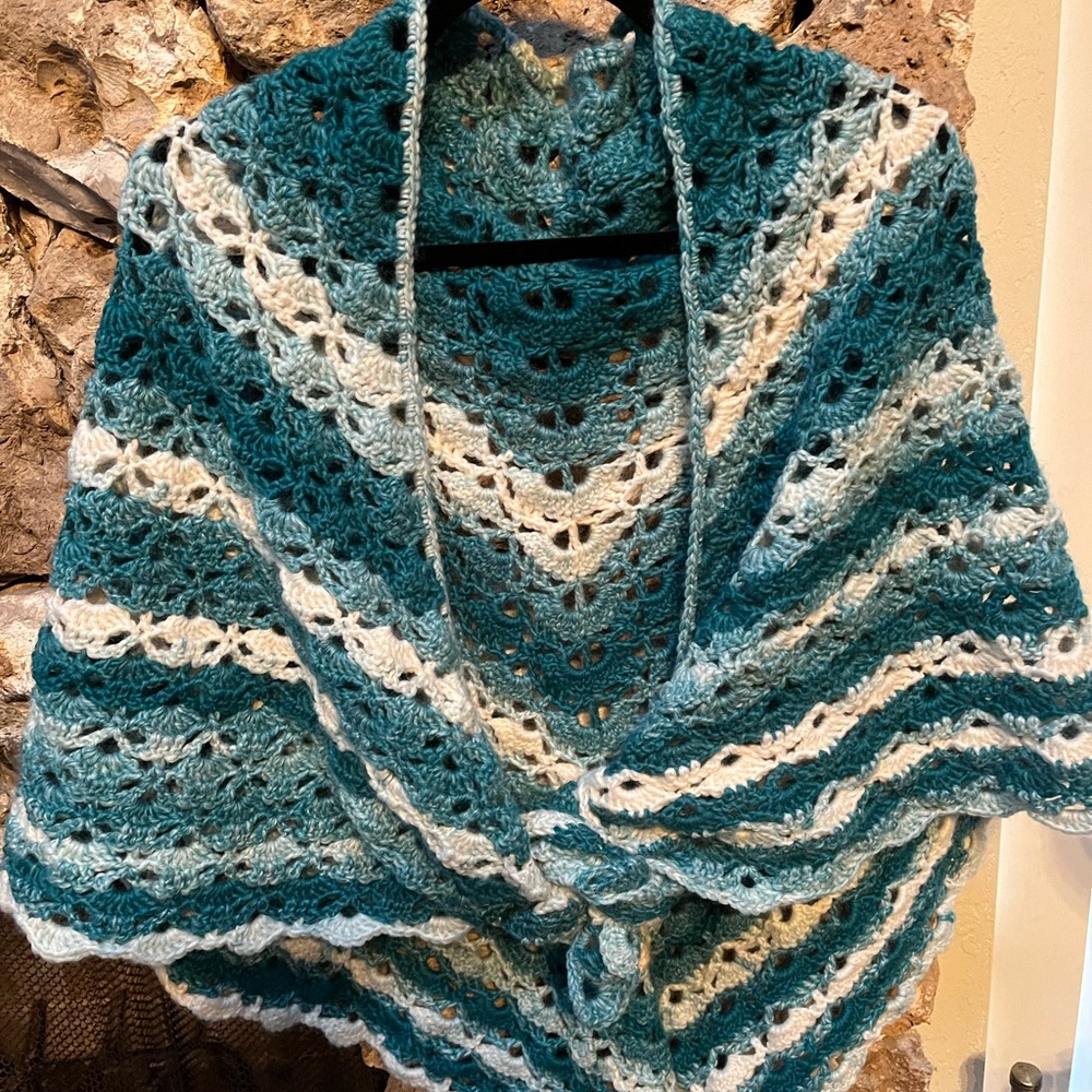Handmade Teal and Cream Crochet Shawl One Size